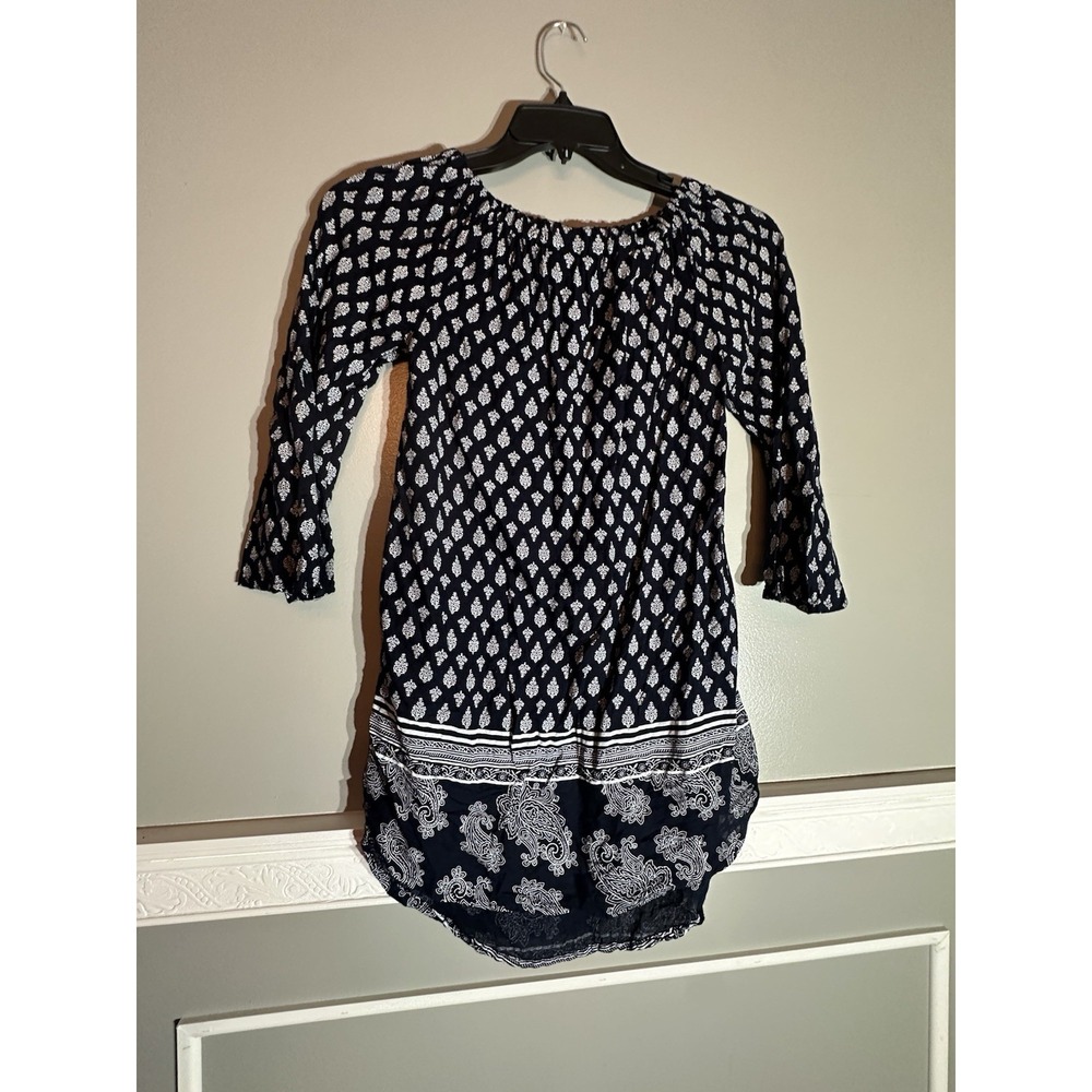 Indulge Navy White Paisley Print Off Shoulder 3/4 Sleeve Tunic Dress Size S